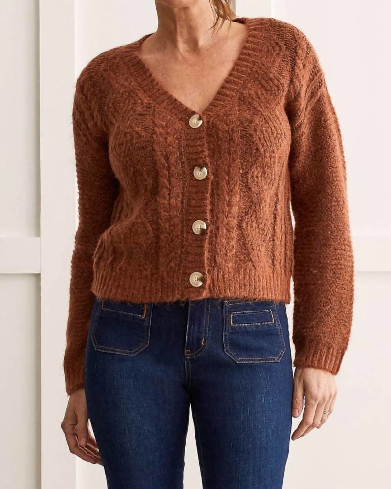 Front of a model wearing a size Xl Cardigan With Faux Horn Buttons in Copper in Copper by TRIBAL. | dia_product_style_image_id:346084